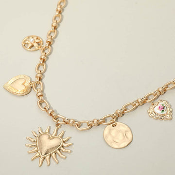 Madeline Love Pink, Worn Gold Vintage Inspired Heart Flower Charm Station Necklace - Necklaces