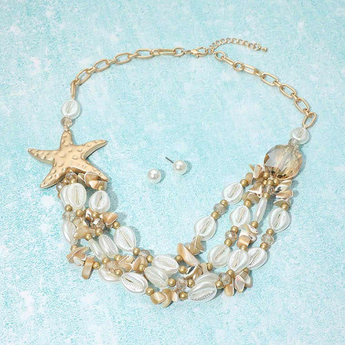 Bold Starfish Charm Pearl Shell Beaded Layered Statement Necklace - Gold