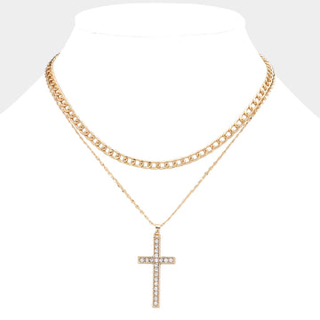 Madeline Love Gold Gold Dipped Stone Paved Cross Pendant Cuban Chain Layered Necklace - Necklaces