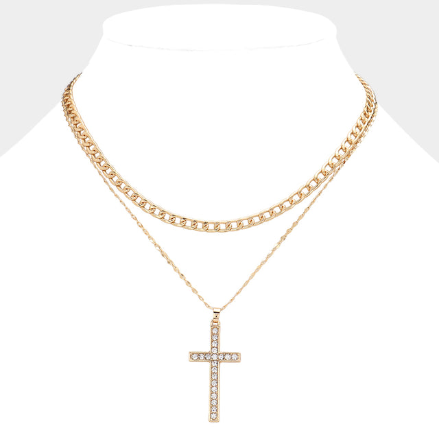 Madeline Love Gold Gold Dipped Stone Paved Cross Pendant Cuban Chain Layered Necklace - Necklaces