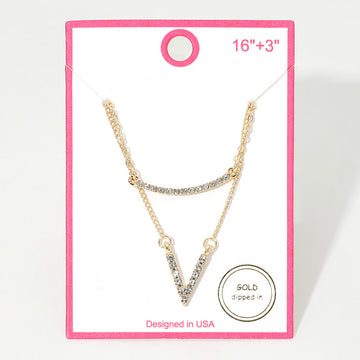 Madeline Love Clear, Gold Gold Dipped Rhinestone Pave V Bar Pendant Layered Necklace - Necklaces