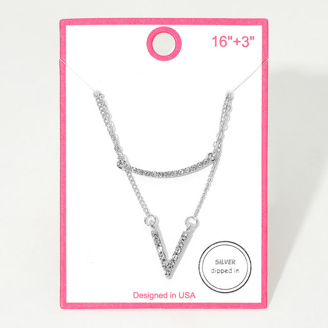 Madeline Love Clear, Rhodium Silver Dipped Rhinestone Pave V Bar Pendant Layered Necklace - Necklaces