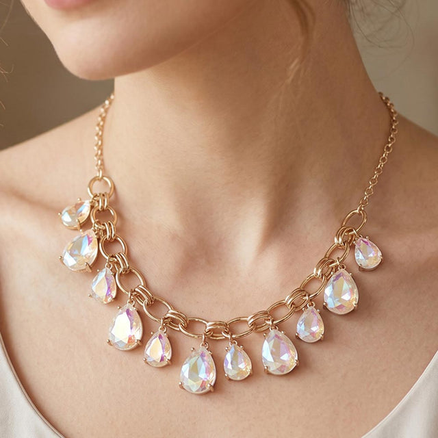 Madeline Love AB, White Cushion Teardrop Cluster Drop Station Necklace