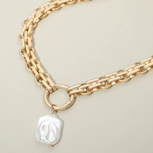 Madeline Love Cream, Worn Gold Baroque Pearl Pearl Charm Pendant Chunky Link Chain Necklace - Necklaces