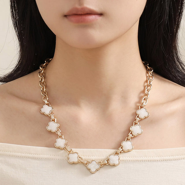 Madeline Love White, Worn Gold Bold Quatrefoil Stone Link Necklace