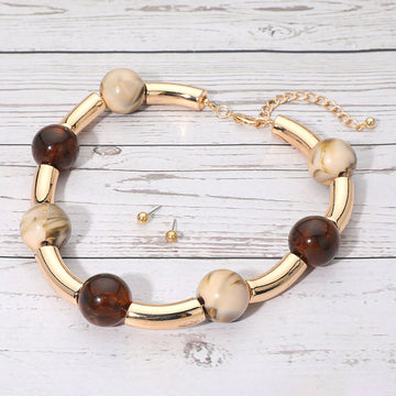Madeline Love Brown, Neutral Chunky Dual Tone Resin Ball Beaded Statement Necklace - Necklaces