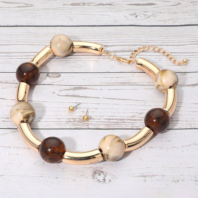 Madeline Love Brown, Neutral Chunky Dual Tone Resin Ball Beaded Statement Necklace - Necklaces