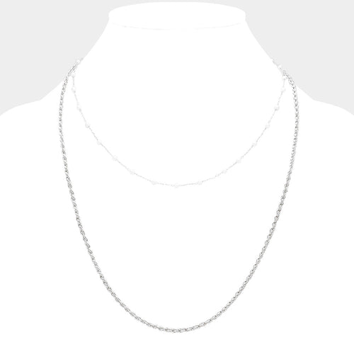 Double Layered Pearl Accented Necklace - Rhodium, White