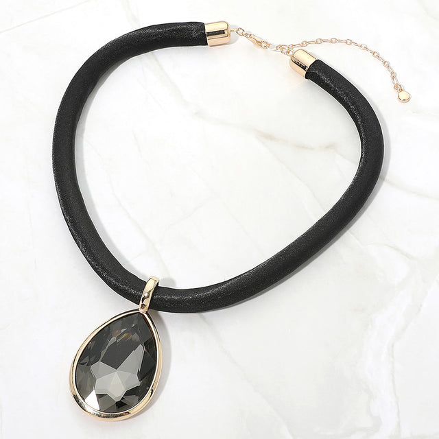 Madeline Love Black Bold Faceted Teardrop Pendant Fabric Chunky Necklace