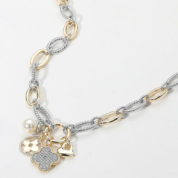 Madeline Love Two Tone 14K Gold Plated CZ Stone Paved Quatrefoil Pearl Metal Heart Pendant Two Tone Chunky Chain Necklace - Necklaces
