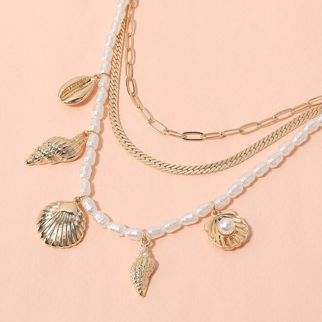 Cream, Gold Metal Seashell Puka Shell Charm Station Pearl Herringbone Paperclip Chain Layered Necklace