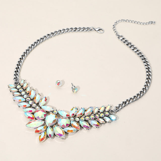 Madeline Love AB, Silver Burnished Iridescent Marquise Stone Cluster Statement Necklace
