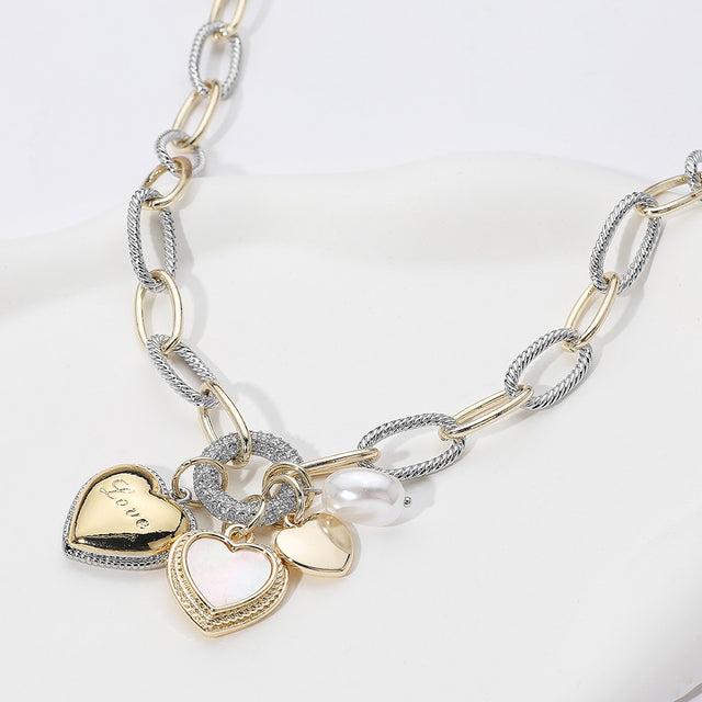 Madeline Love Two Tone Two Tone 14K Gold Plated CZ Stone Paved Ring LOVE Message Engraved Mother of Pearl Heart Pearl Charm Pendant Necklace