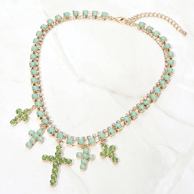 Madeline Love Gold, Green, Opal Crystal Cross Charm Station Layered Statement Necklace