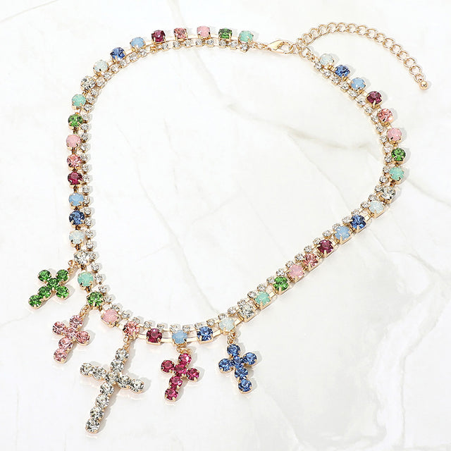 Madeline Love Gold, Multi, Opal Crystal Cross Charm Station Layered Statement Necklace