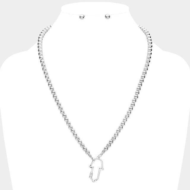 Madeline Love Rhodium Rhinestone Embellished Hamsa Hand Pendant Necklace - Necklaces