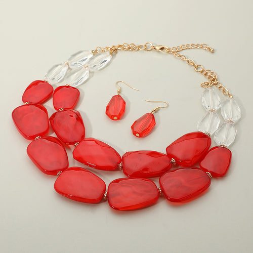 Chunky Abstract Resin Beaded Layered Statement Necklace - Gold, Red