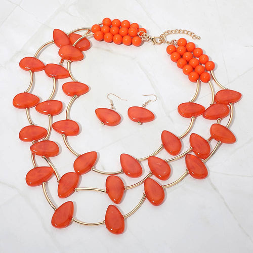 Resin Pebble Curved Bar Beaded Layered Statement Necklace - Gold, Orange
