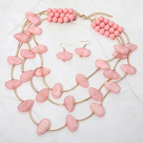 Resin Pebble Curved Bar Beaded Layered Statement Necklace - Gold, Pink