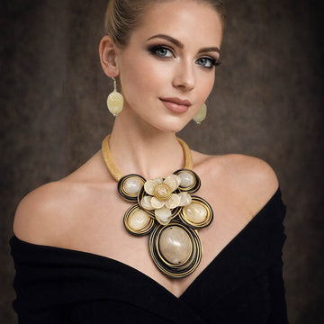 Madeline Love Gold, Ivory Bold Floral Stone Center Wired Resin Embellished Pendant Statement Necklace - Necklaces