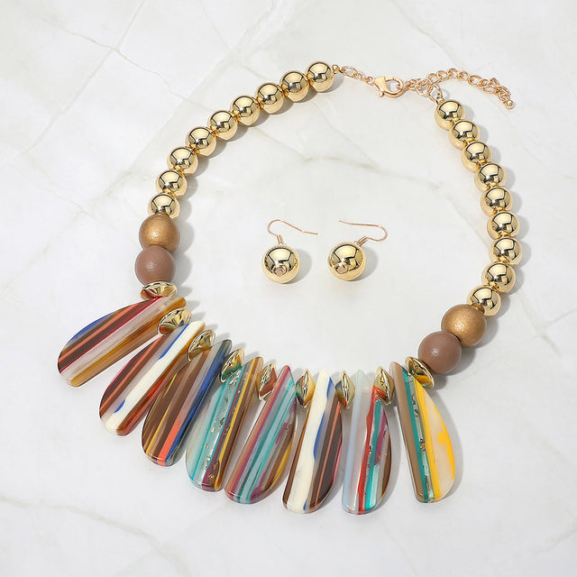 Madeline Love Gold Bold Multicolor Resin Long Teardrop Beaded Statement Necklace - Necklaces
