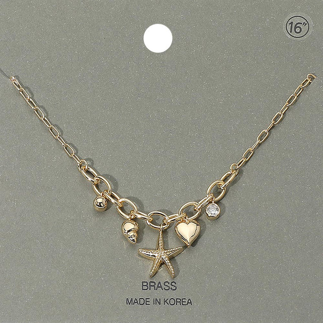 Clear, Gold Starfish Heart Shell Stone Bezel Charm Station Paperclip Chain Necklace