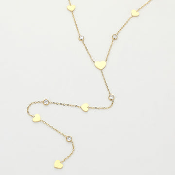SECRET BOX_Stainless Steel Heart Charm Stone Bezel Station Y Shaped Necklace - Gold - Necklaces
