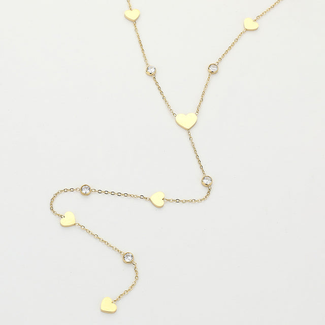 SECRET BOX_Stainless Steel Heart Charm Stone Bezel Station Y Shaped Necklace - Gold - Necklaces