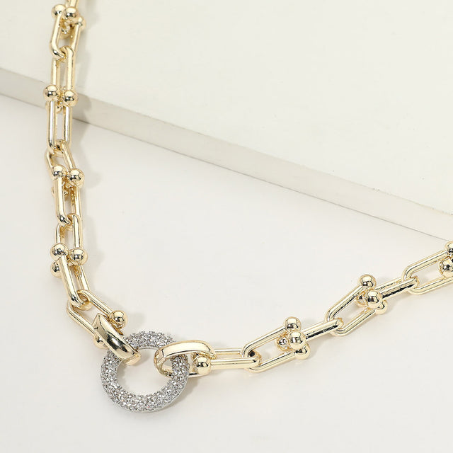 Madeline Love Two Tone 14K Gold Plated CZ Pave Ring Accent Industrial Link Chain Necklace