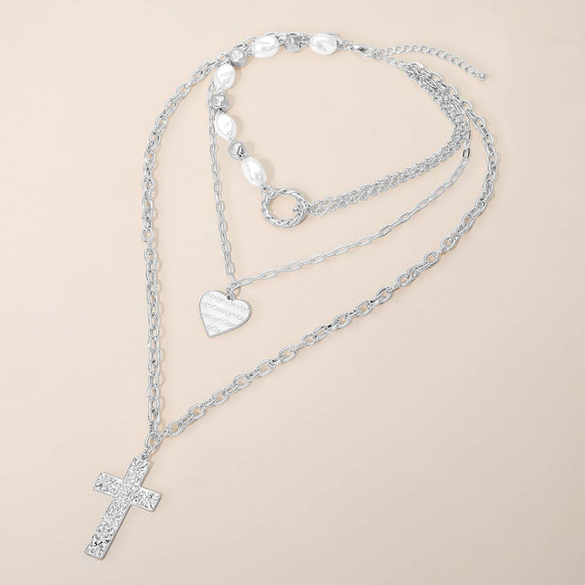 Madeline Love Worn Silver Textured Metal Cross Heart Charm Pendant Accent Pearl Beaded Layered Necklace