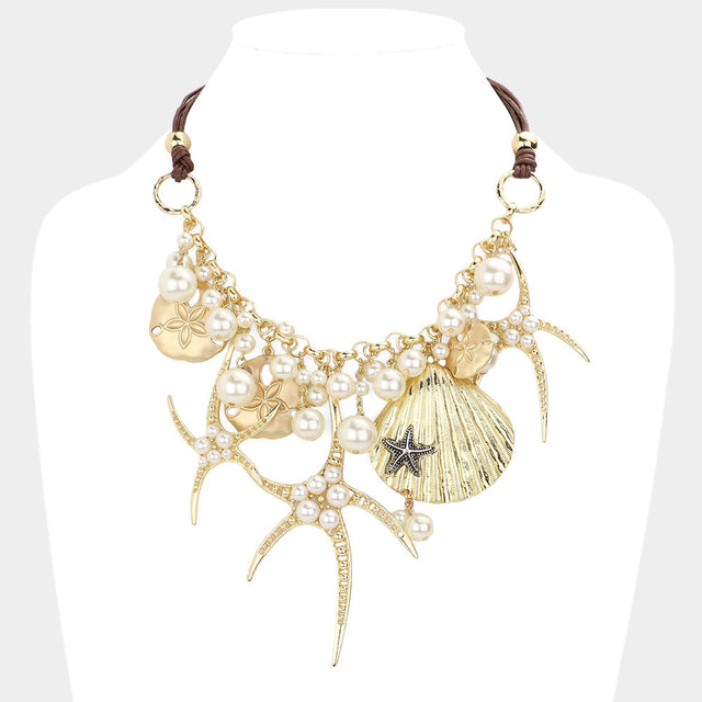 Gold Pearl embellished starfish shell pendant necklace