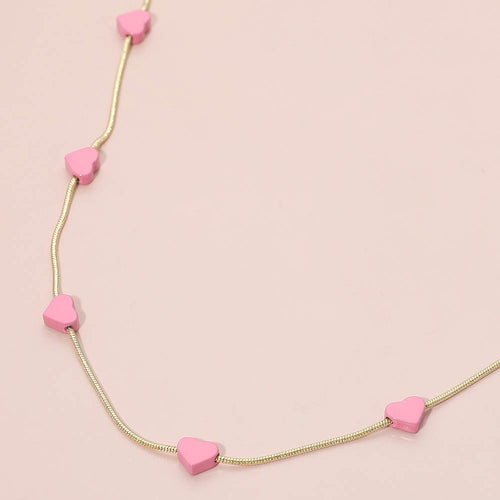 Flat Heart Charm Station Necklace - Gold, Pink