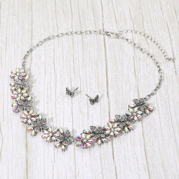 Madeline Love AB, Silver Burnished Boho Floral Butterfly Link Necklace - Necklaces