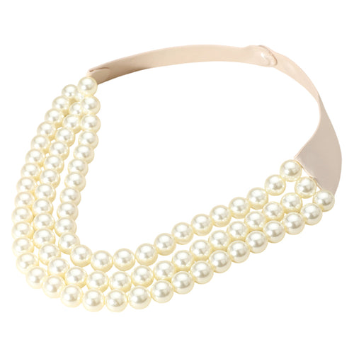 Chunky Acrylic Beaded Triple Layered Faux Leather Magnetic Necklace - Cream