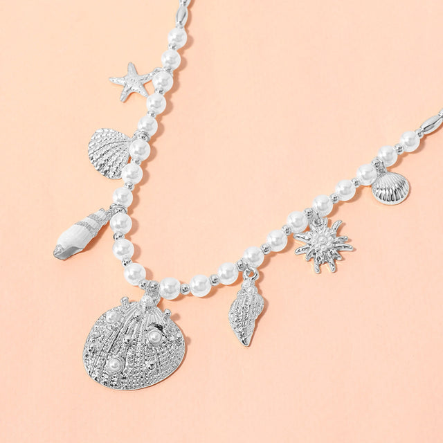 Cream, Silver Seashell Puka Shell Starfish Charm Station Pearl Necklace