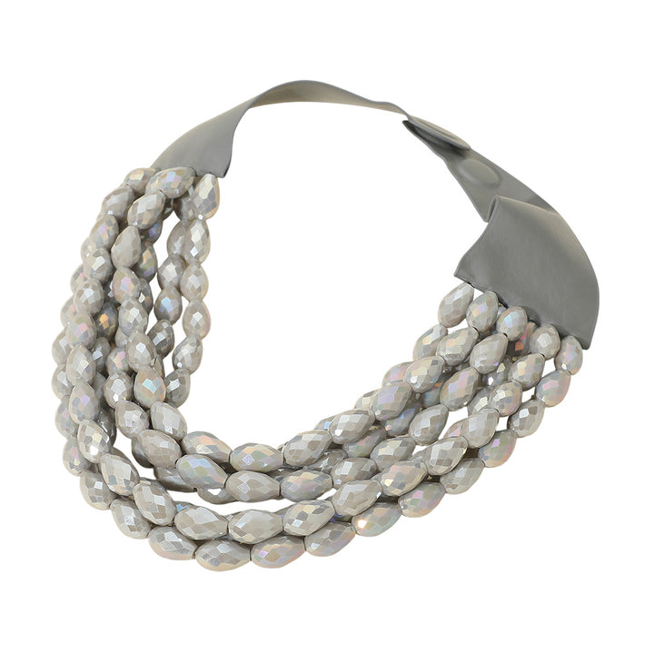 Gray Chunky Faceted Acrylic Teardrop Beaded Multi Layered Faux Leather Magnetic Necklace