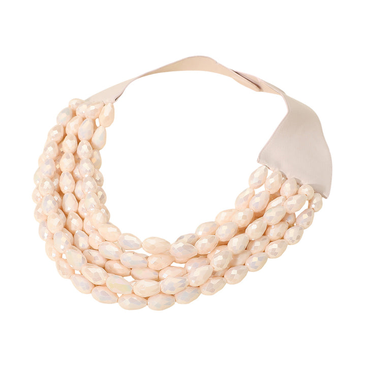 Ivory Chunky Acrylic Teardrop Beaded Multi-Layer Faux Leather Necklace