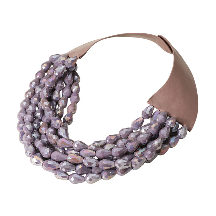 Purple Chunky Acrylic Teardrop Beaded Multi-Layer Faux Leather Necklace