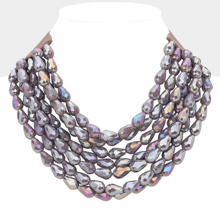 Purple Chunky Acrylic Teardrop Beaded Multi-Layer Faux Leather Necklace