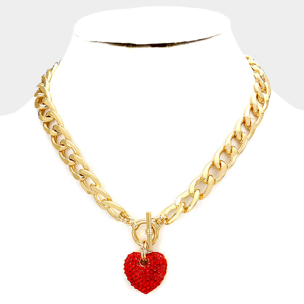 Rhinestone Pave Heart Pendant Toggle Necklace