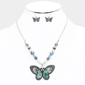 Madeline Love Abalone, Antique Silver Abalone Butterfly Beaded Necklace - Necklaces