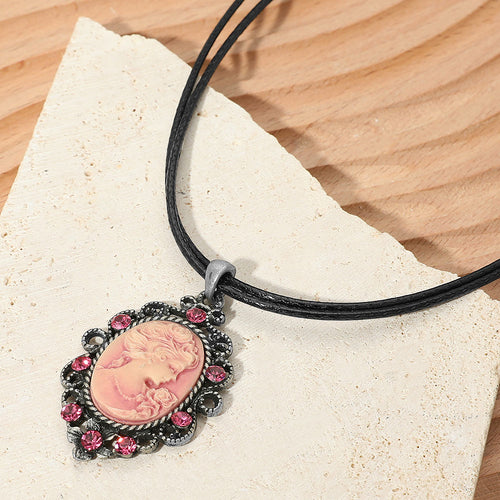 Vintage Cameo Pendant Double Waxed Cord Necklace - Pink