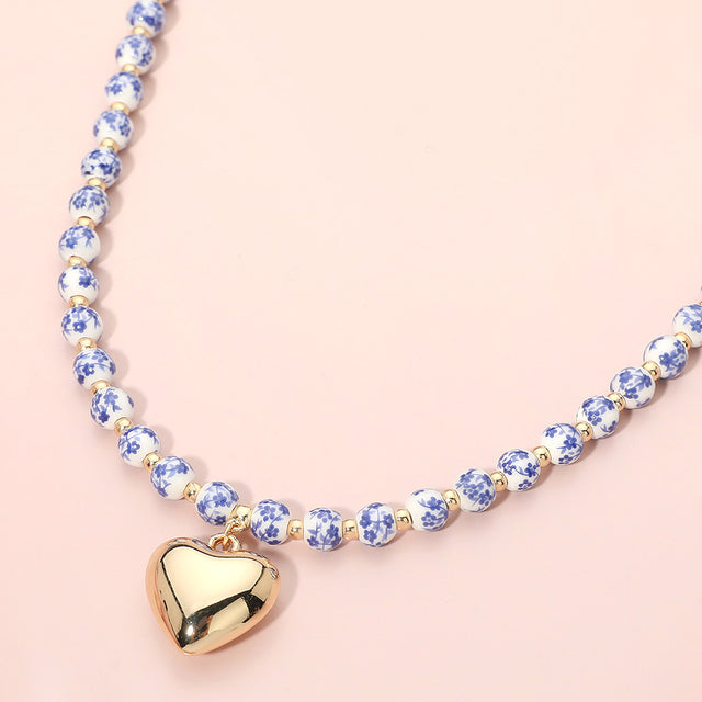 Madeline Love Blue Floral Ceramic Ball Beaded Heart Pendant Necklace