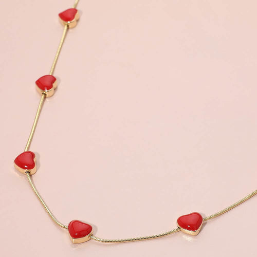 Enamel Heart Charm Station Necklace - Red