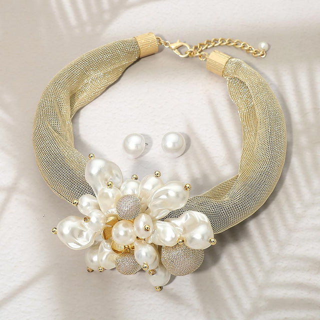 Madeline Love Gold Bold Pearl Cluster Accent Chunky Mesh Statement Necklace