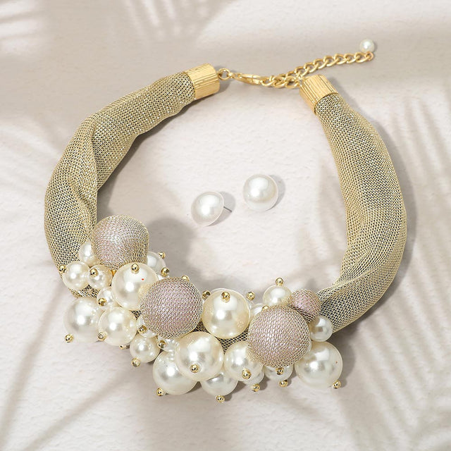 Madeline Love Gold Bold Pearl Cluster Embellished Accent Chunky Mesh Statement Necklace