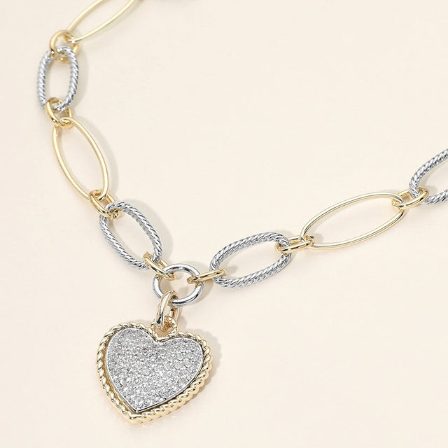Madeline Love Two Tone 14K Gold Plated Two Tone Oval Link CZ Pave Heart Pendant Necklace