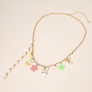 Madeline Love Gold, Multi Easter Bunny Chick Flower Pearl Heart Charm Station Necklace - Necklaces