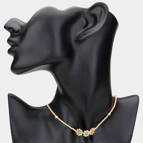 Triple Flower Accented Freshwater Pearl Station Necklace - Peach