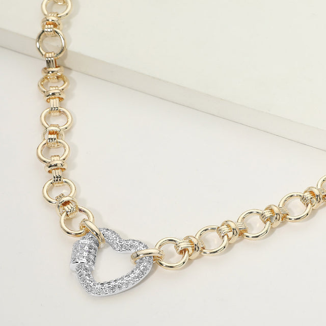Madeline Love Gold, Silver, Two Tone 14K Gold Plated CZ Pave Heart Carabiner Accent Link Chain Necklace
